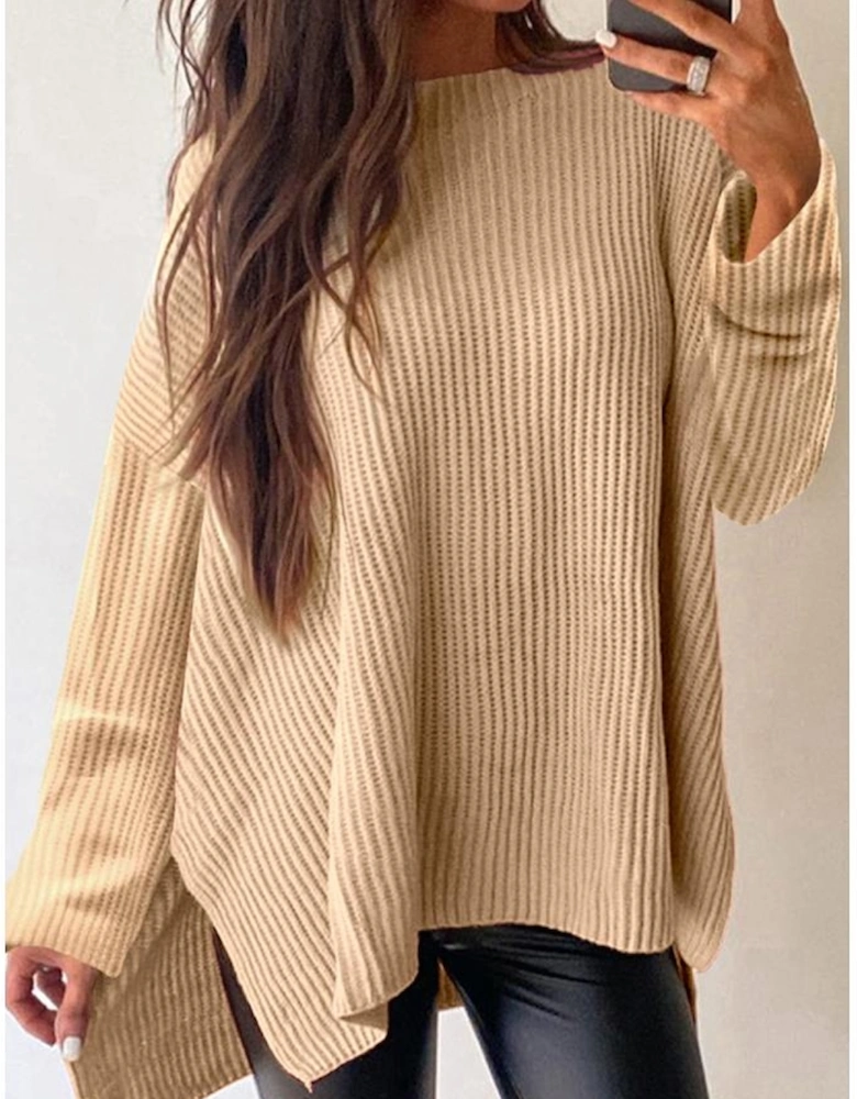Apricot Cable Knit Drop Shoulder Side Slits Loose Sweater
