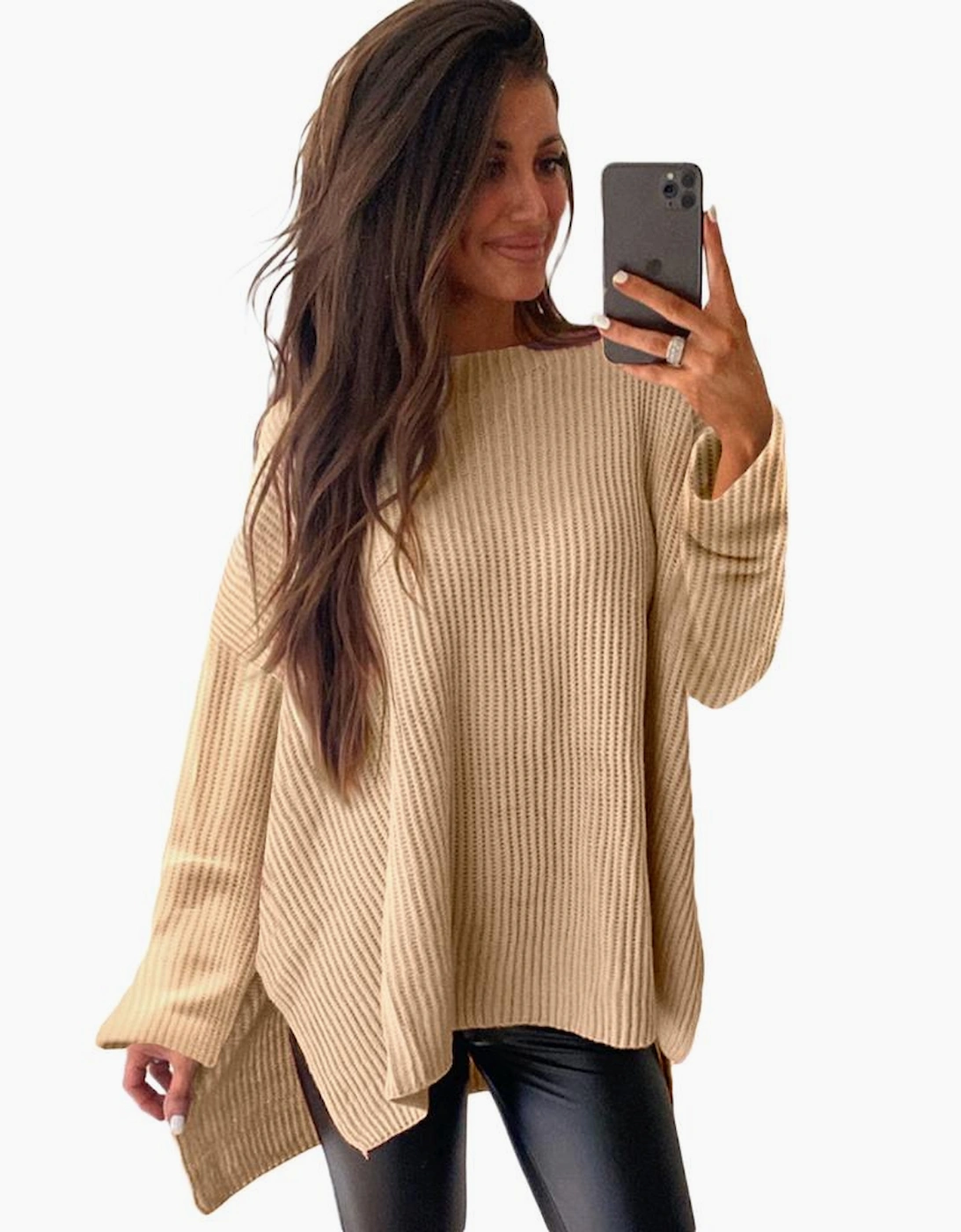 Apricot Cable Knit Drop Shoulder Side Slits Loose Sweater, 11 of 10