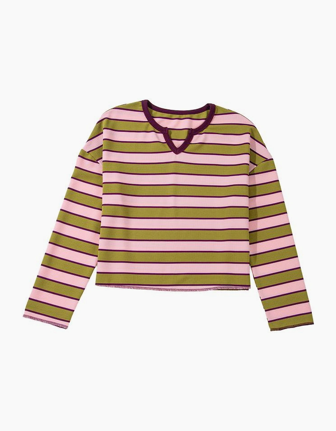 Spinach Green Clashing Stripes Waffle Texture Notched Neck Long Sleeve Top