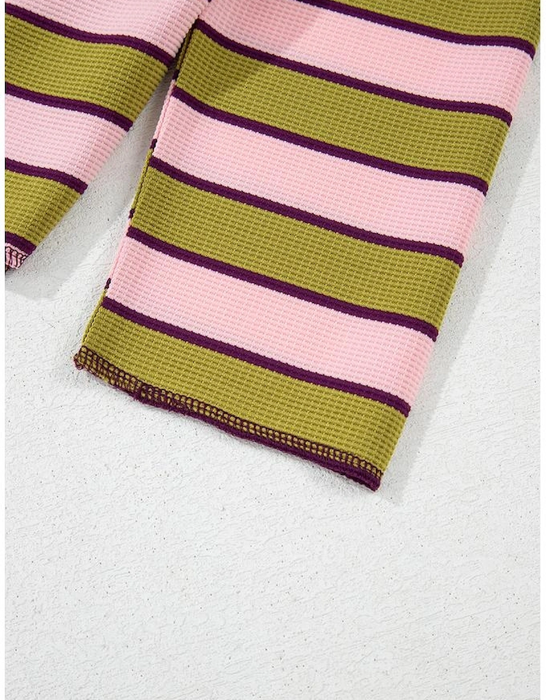 Spinach Green Clashing Stripes Waffle Texture Notched Neck Long Sleeve Top