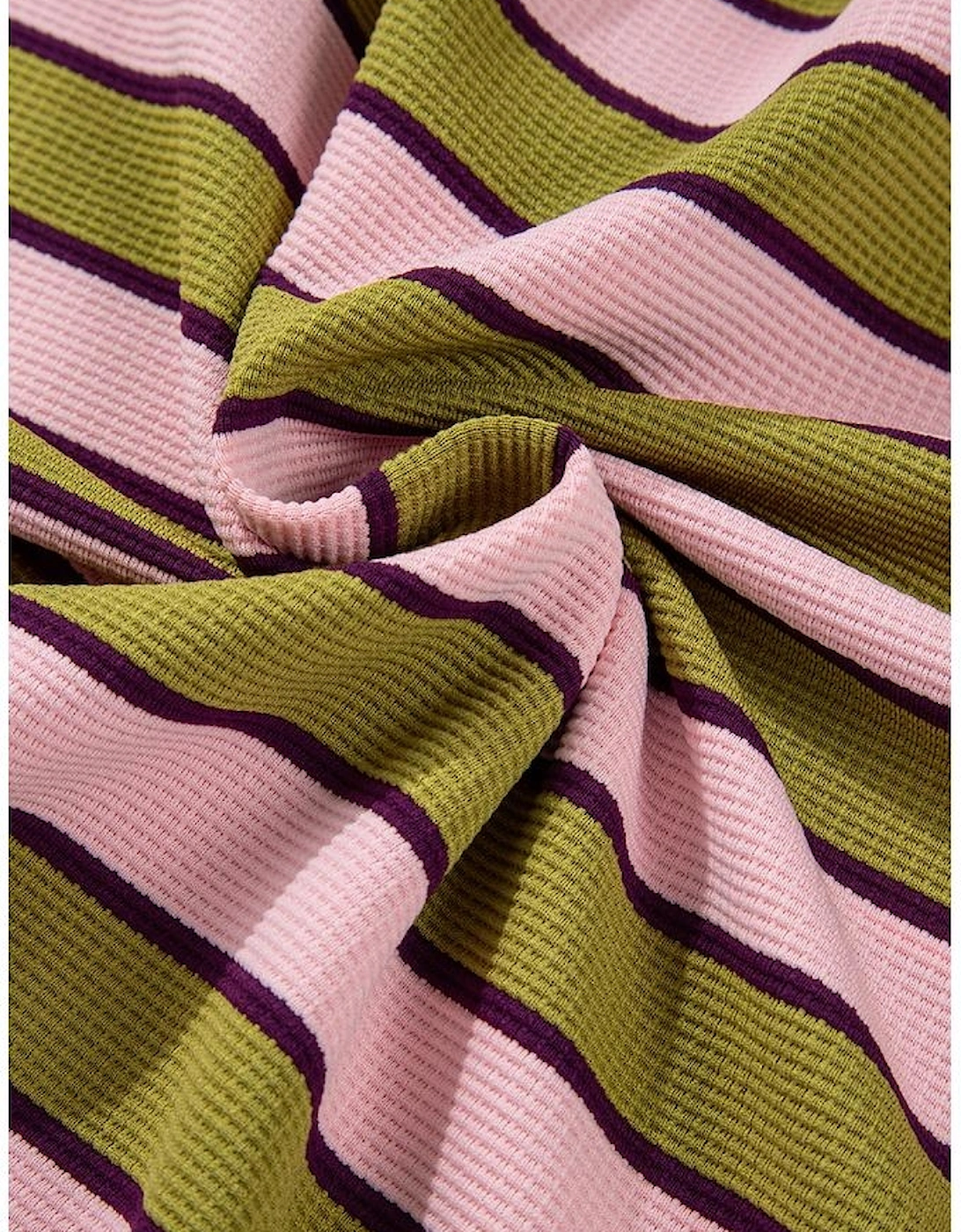 Spinach Green Clashing Stripes Waffle Texture Notched Neck Long Sleeve Top