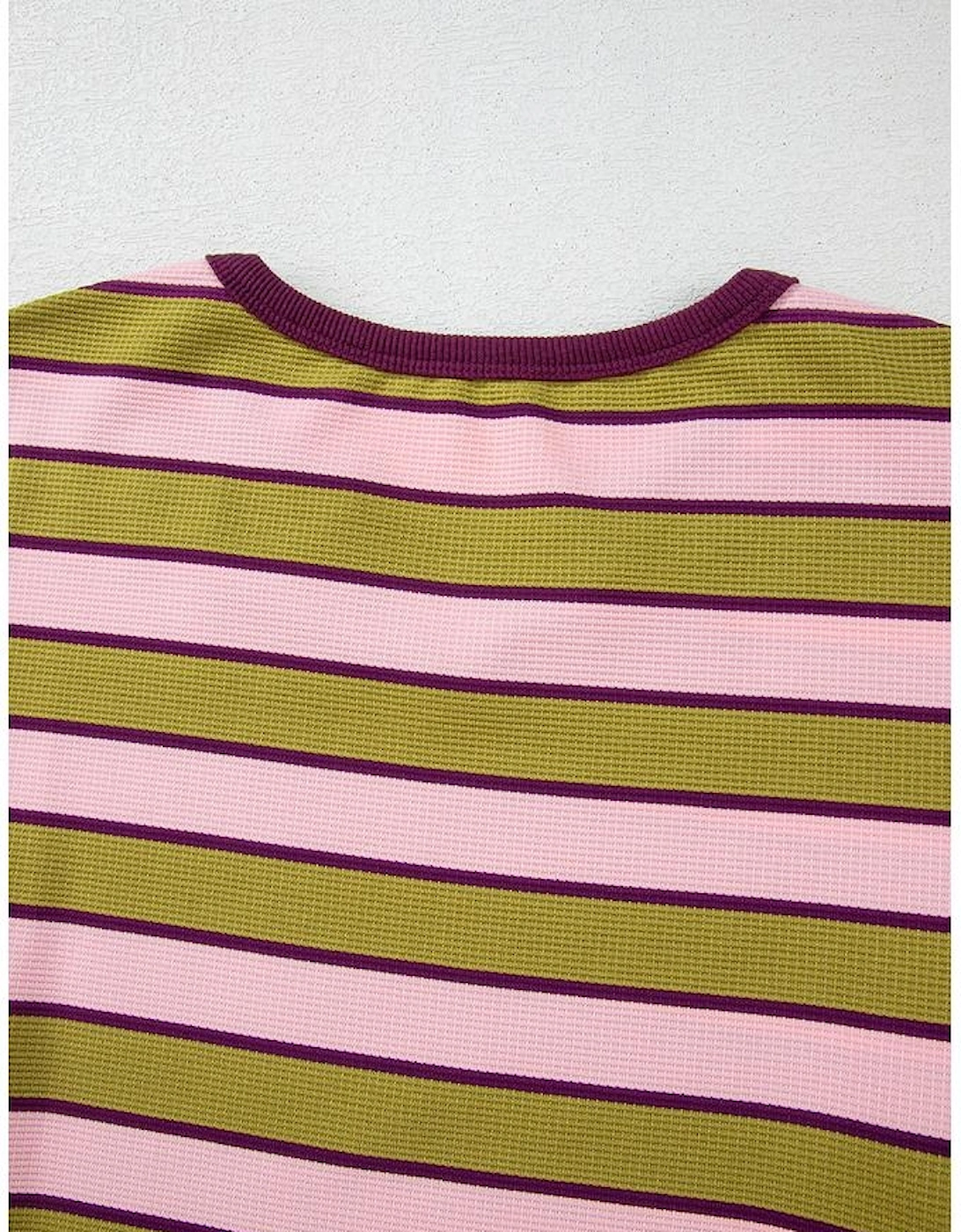 Spinach Green Clashing Stripes Waffle Texture Notched Neck Long Sleeve Top