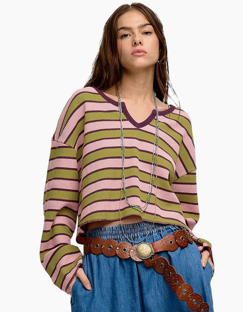 Spinach Green Clashing Stripes Waffle Texture Notched Neck Long Sleeve Top