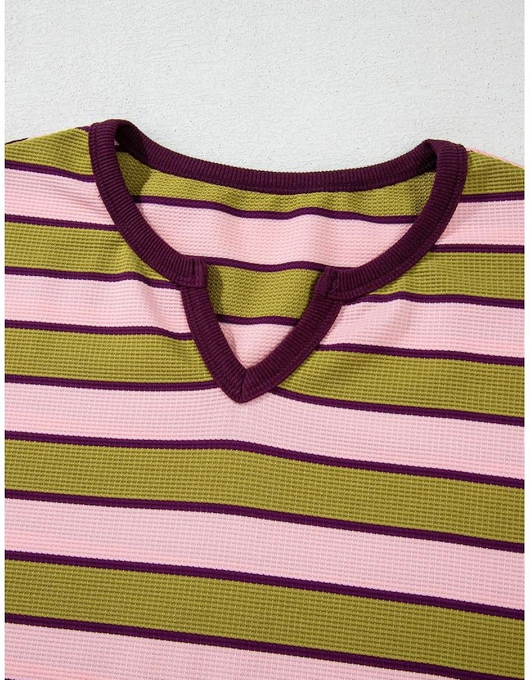 Spinach Green Clashing Stripes Waffle Texture Notched Neck Long Sleeve Top