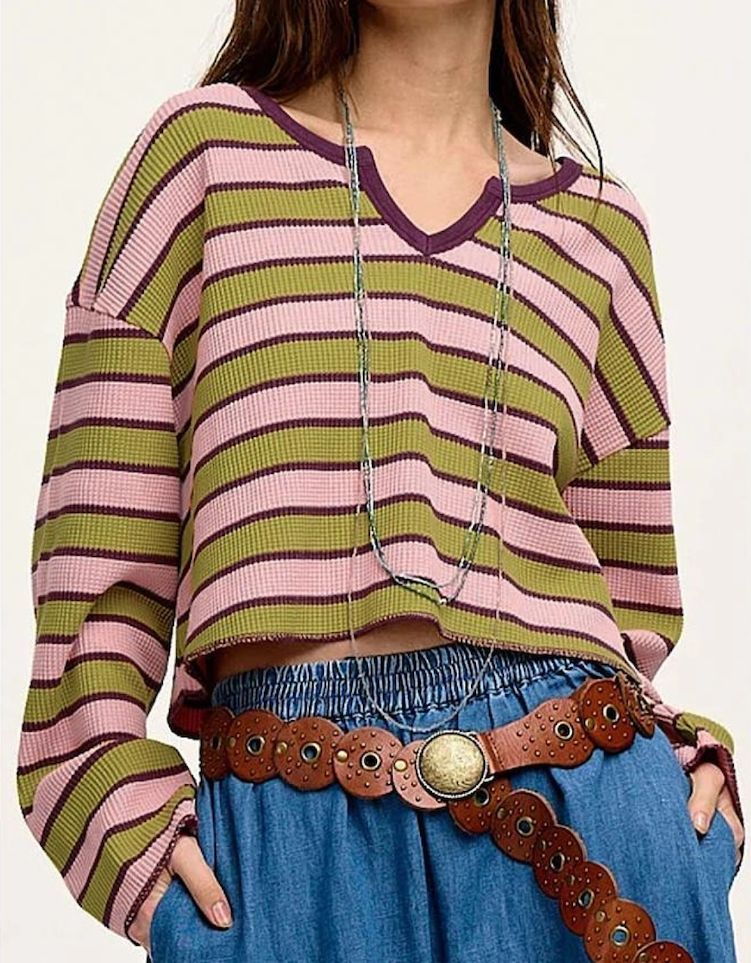 Spinach Green Clashing Stripes Waffle Texture Notched Neck Long Sleeve Top