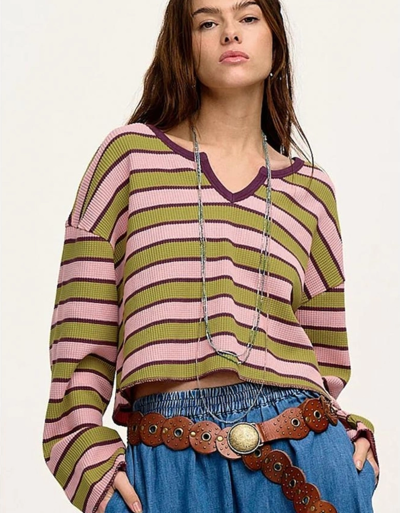 Spinach Green Clashing Stripes Waffle Texture Notched Neck Long Sleeve Top