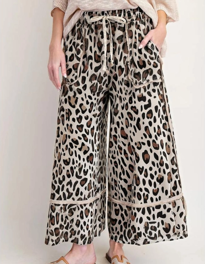 Khaki Leopard Wide Leg Cropped Pants
