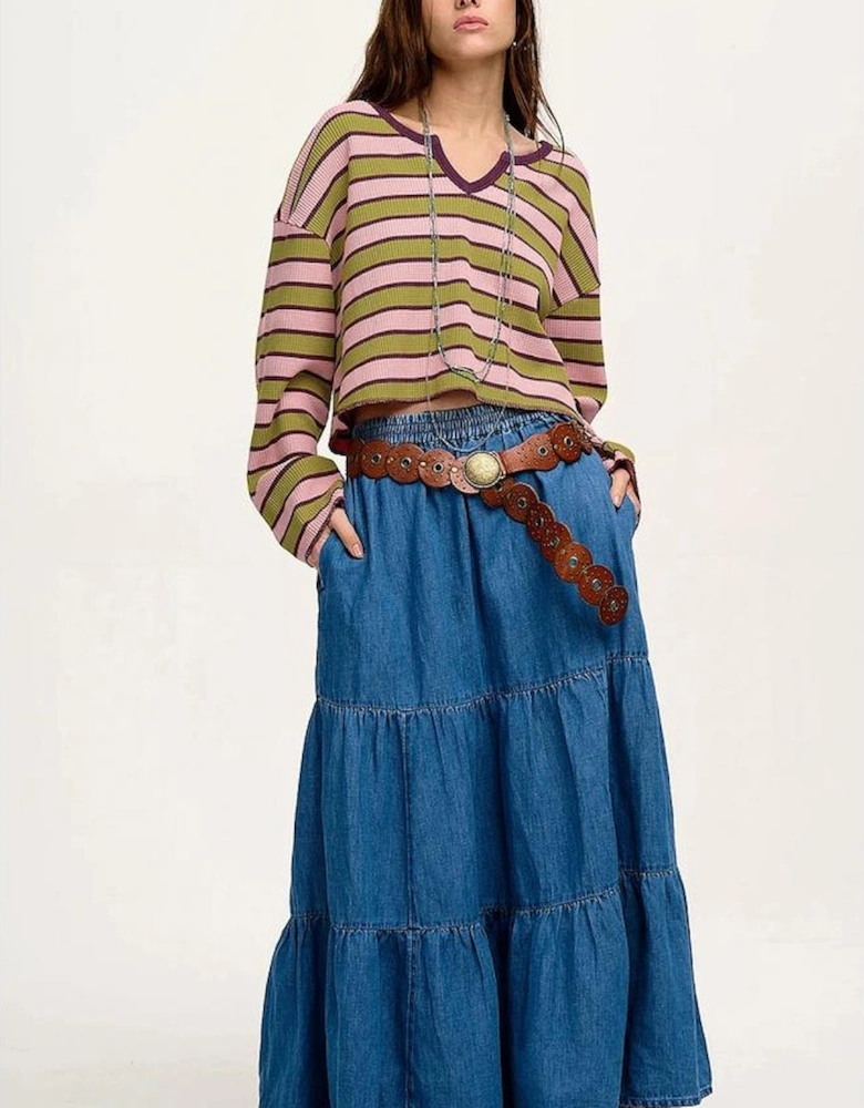 Spinach Green Clashing Stripes Waffle Texture Notched Neck Long Sleeve Top