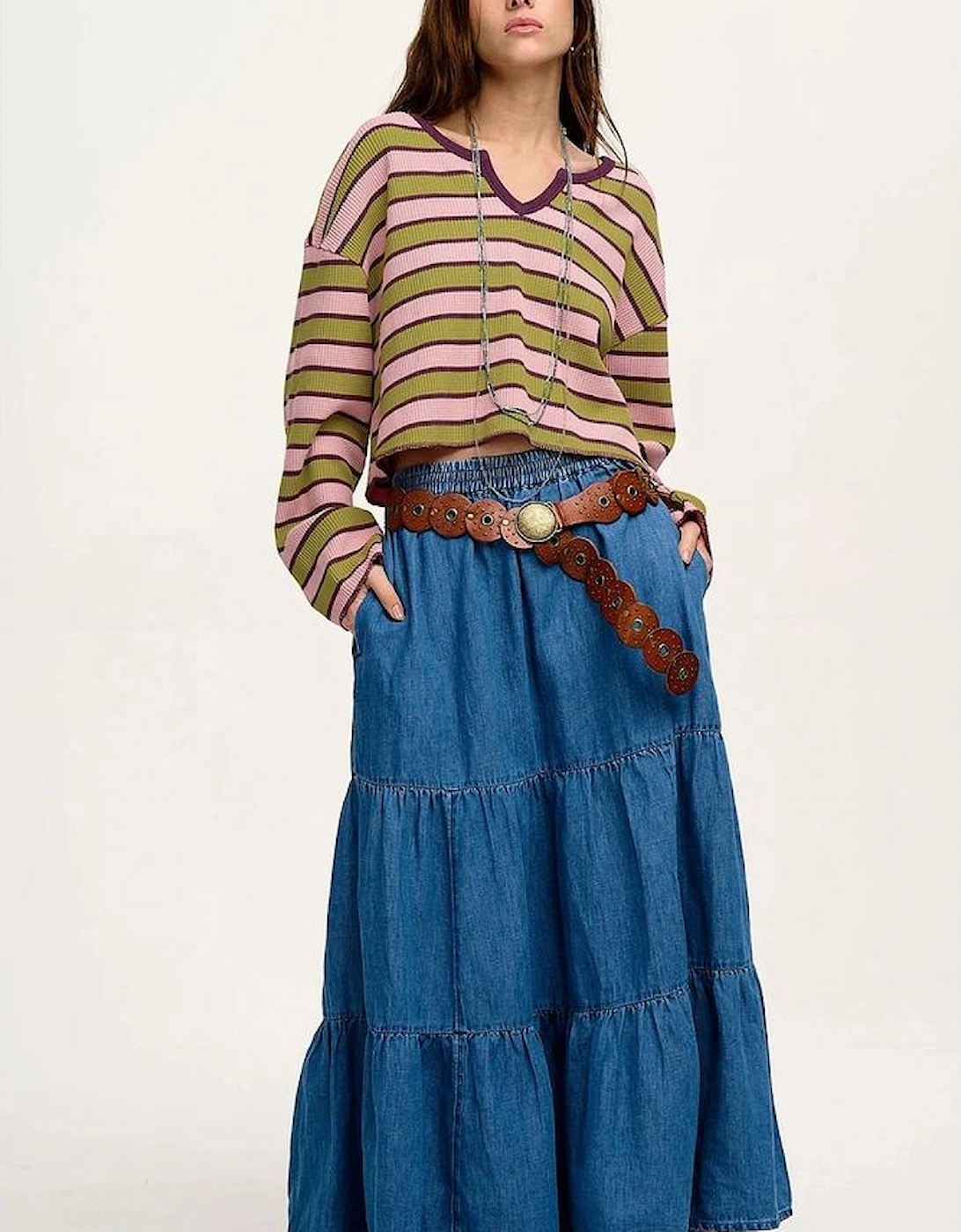 Spinach Green Clashing Stripes Waffle Texture Notched Neck Long Sleeve Top