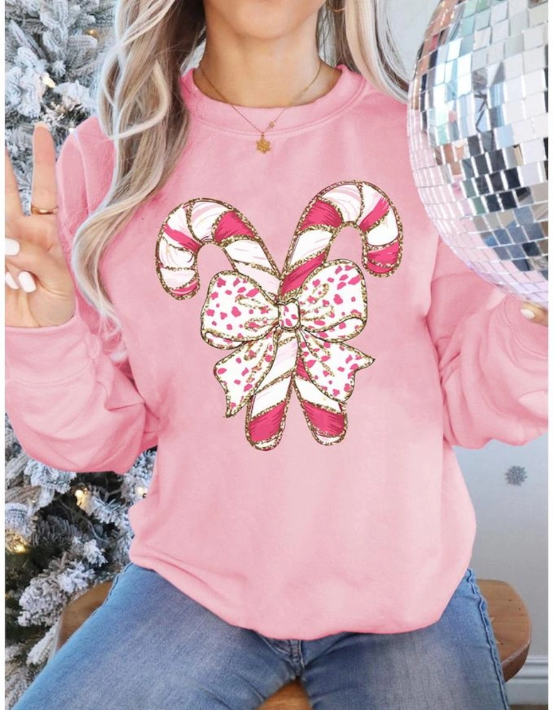 Pink Christmas Bow Candy Cane Graphic Drop Shoulder Crew Neck Sweatshirt