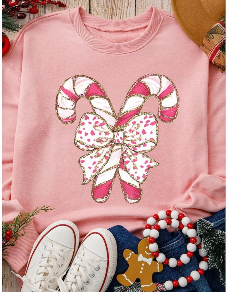 Pink Christmas Bow Candy Cane Graphic Drop Shoulder Crew Neck Sweatshirt