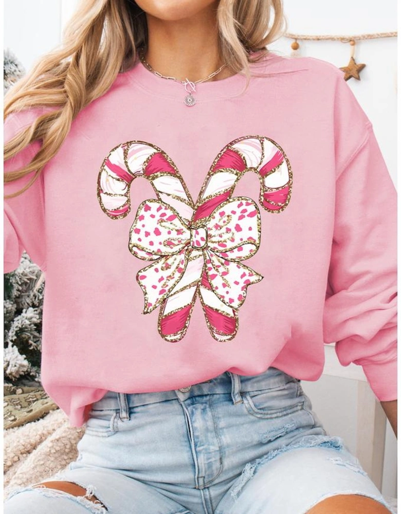 Pink Christmas Bow Candy Cane Graphic Drop Shoulder Crew Neck Sweatshirt