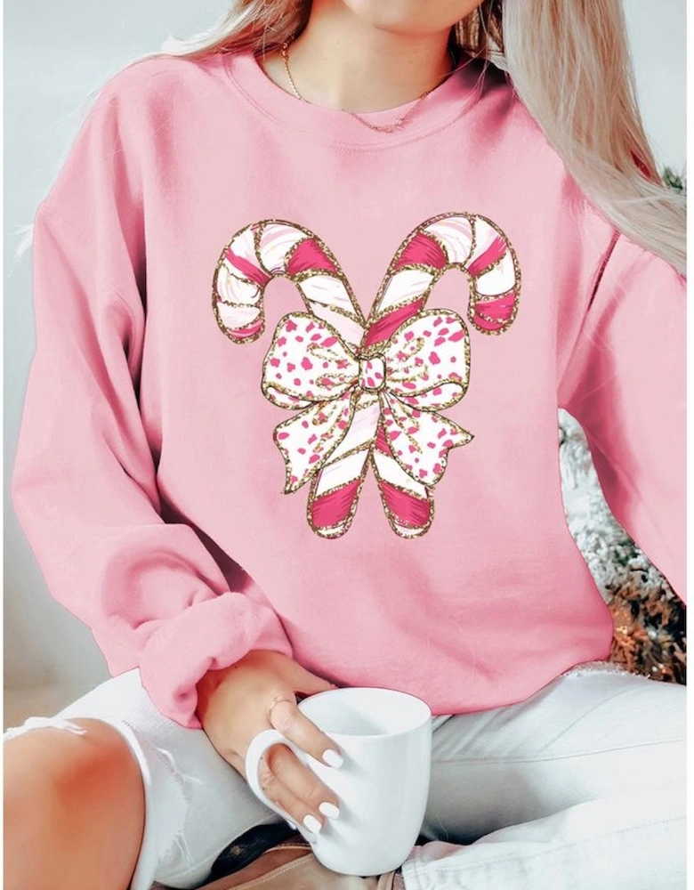 Pink Christmas Bow Candy Cane Graphic Drop Shoulder Crew Neck Sweatshirt