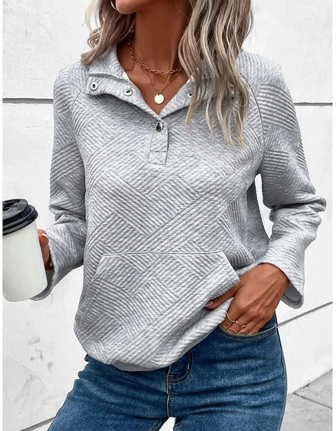Light Grey Textured Knit Buttoned Kangaroo Pocket Sweatshirt, 4 of 3