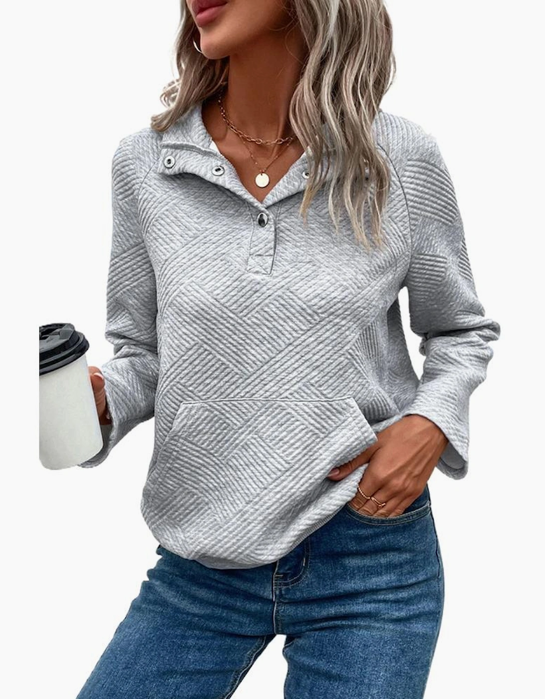 Light Grey Textured Knit Buttoned Kangaroo Pocket Sweatshirt