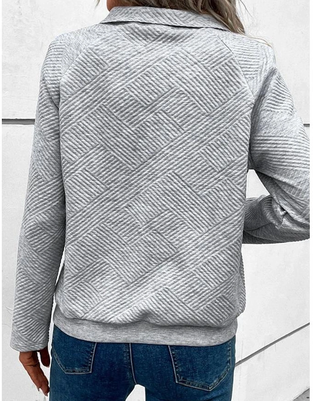 Light Grey Textured Knit Buttoned Kangaroo Pocket Sweatshirt