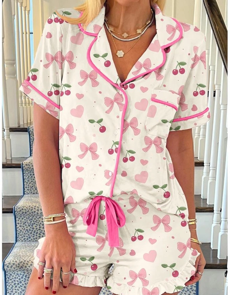 Beige Bow Fruit Print Contrast Pipping Short Pajamas Set
