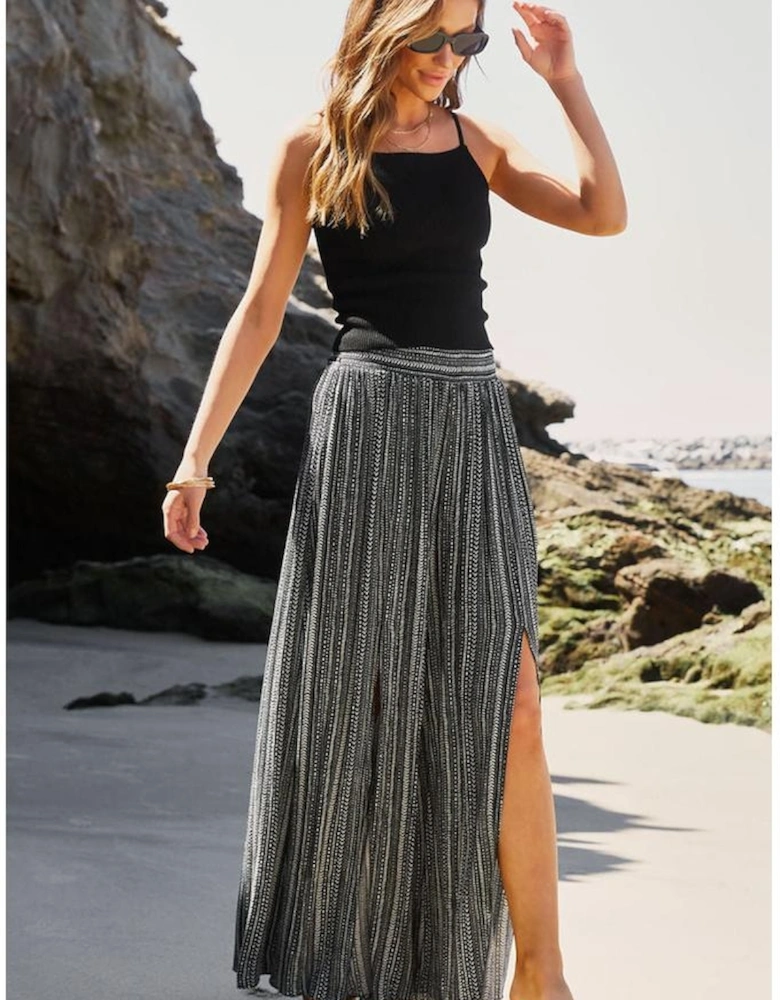 Black Printed Striped Printed Slit Wide Leg High Waist Pants