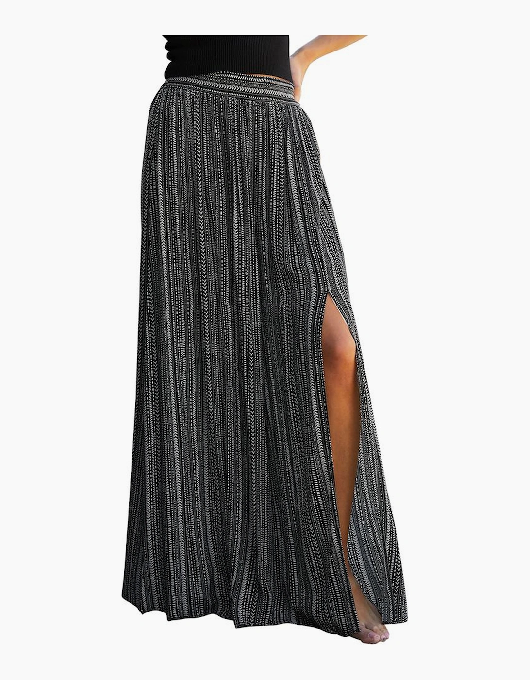 Black Printed Striped Printed Slit Wide Leg High Waist Pants