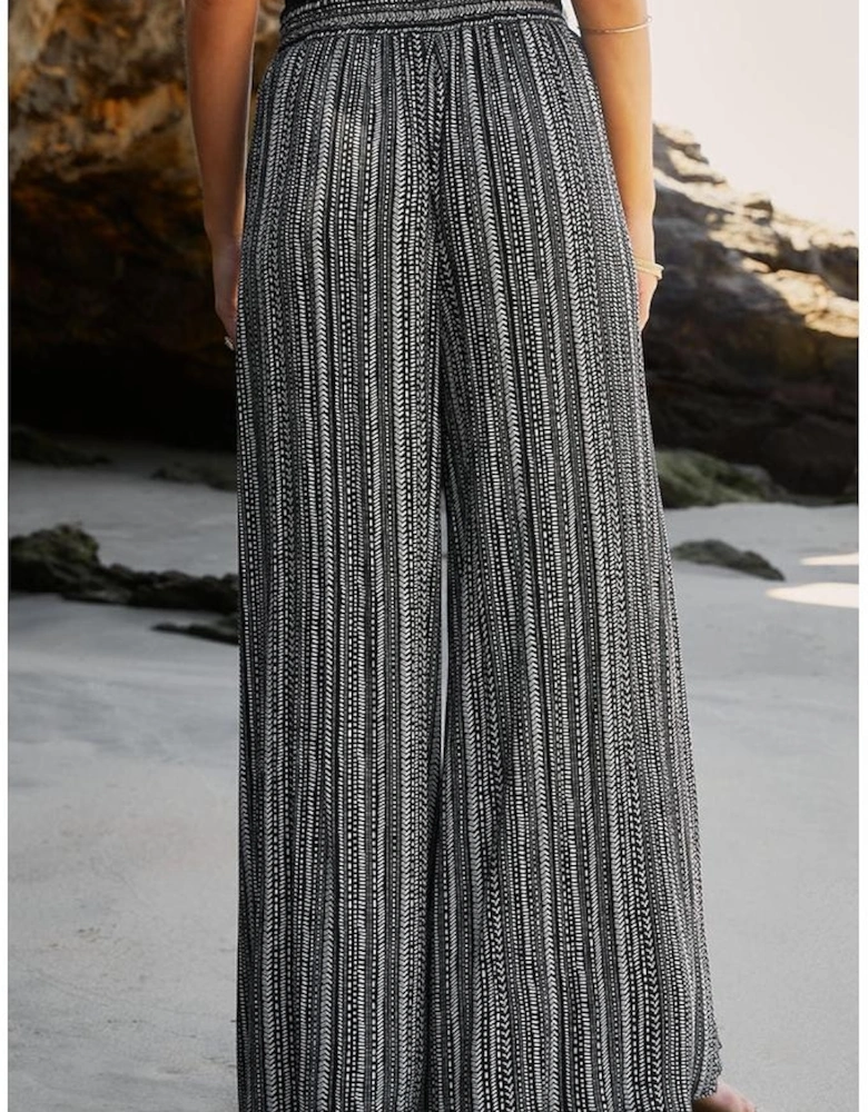 Black Printed Striped Printed Slit Wide Leg High Waist Pants