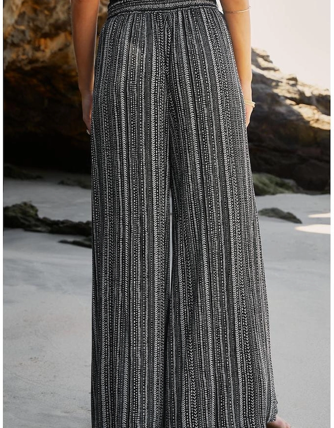 Black Printed Striped Printed Slit Wide Leg High Waist Pants, 9 of 8