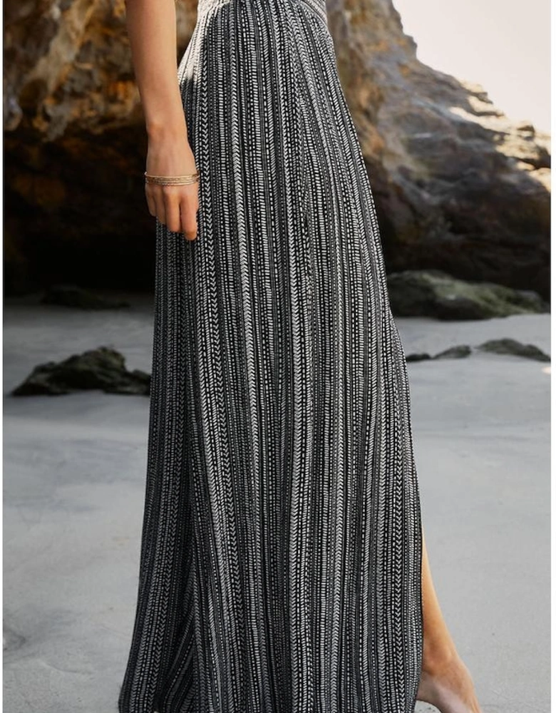 Black Printed Striped Printed Slit Wide Leg High Waist Pants