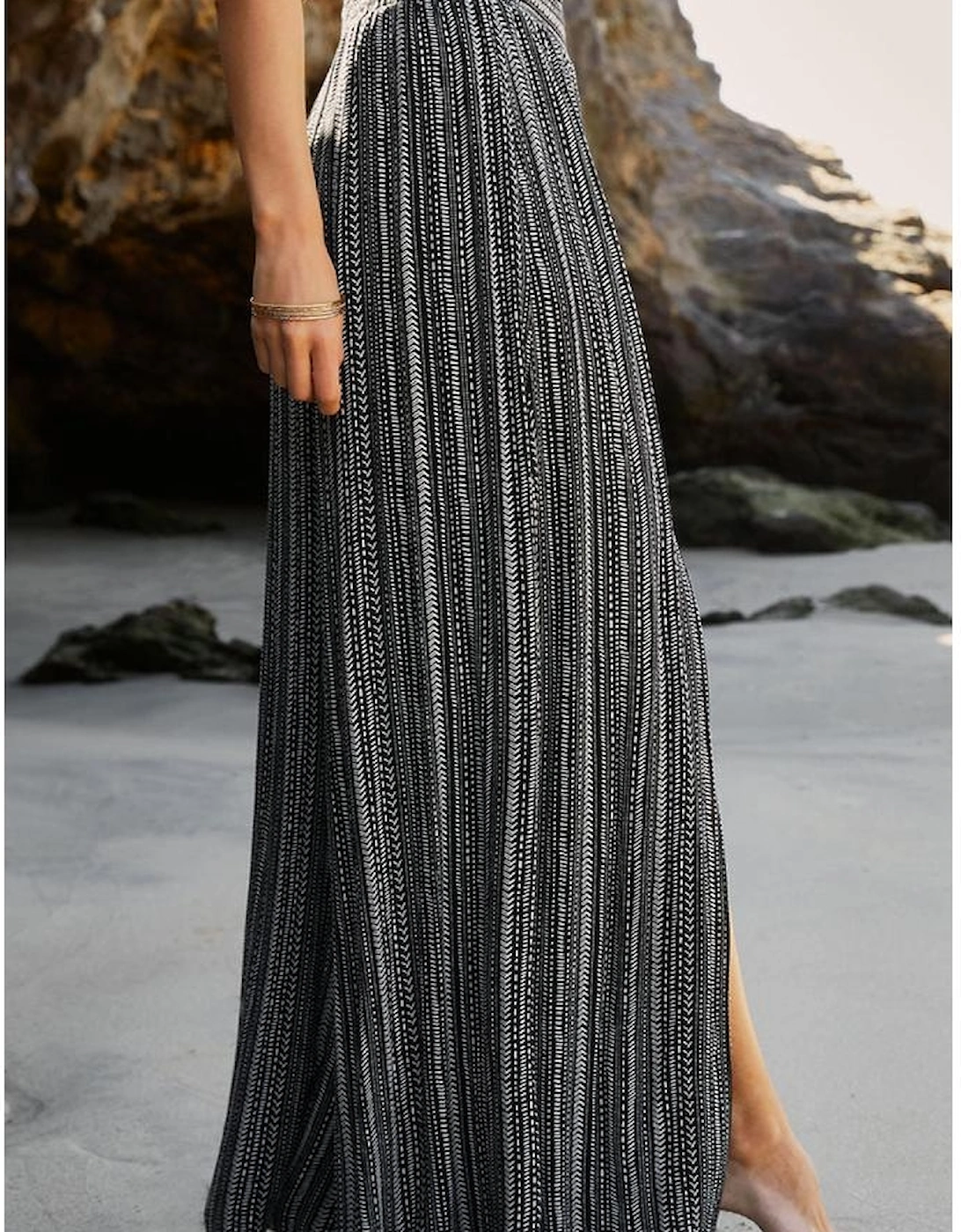 Black Printed Striped Printed Slit Wide Leg High Waist Pants