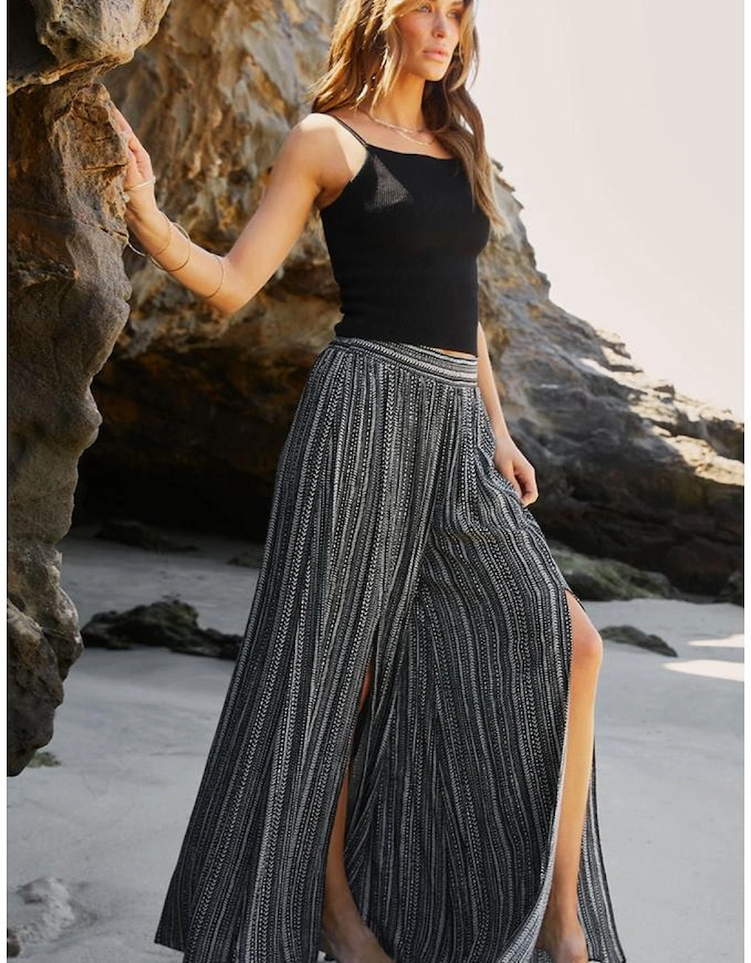 Black Printed Striped Printed Slit Wide Leg High Waist Pants
