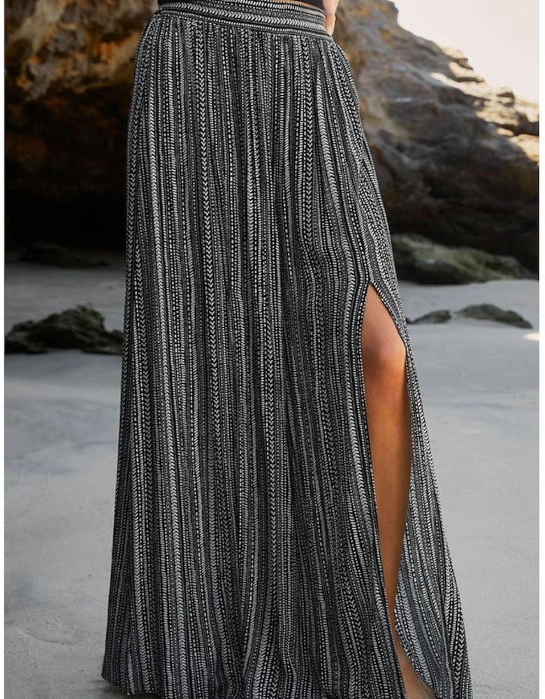 Black Printed Striped Printed Slit Wide Leg High Waist Pants