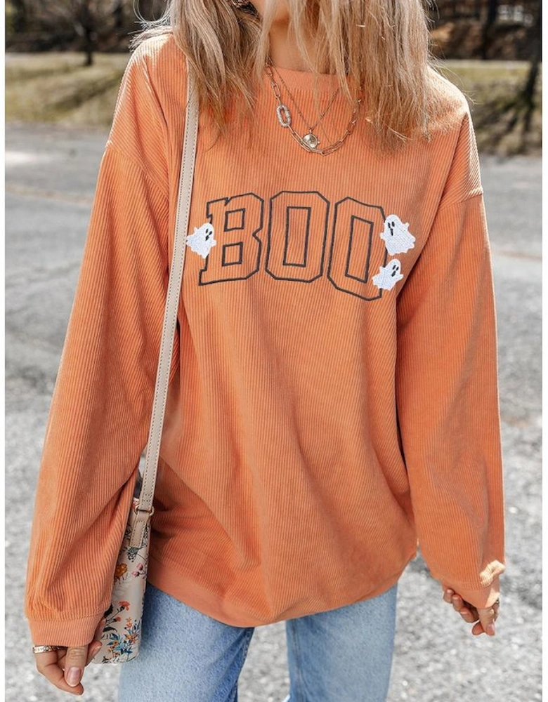 Orange Embroidered BOO Ghost Corded Halloween Sweatshirt
