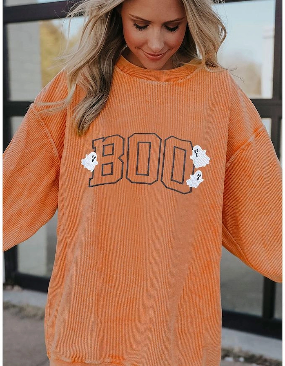 Orange Embroidered BOO Ghost Corded Halloween Sweatshirt