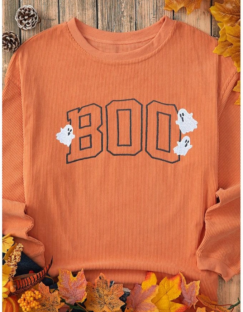 Orange Embroidered BOO Ghost Corded Halloween Sweatshirt