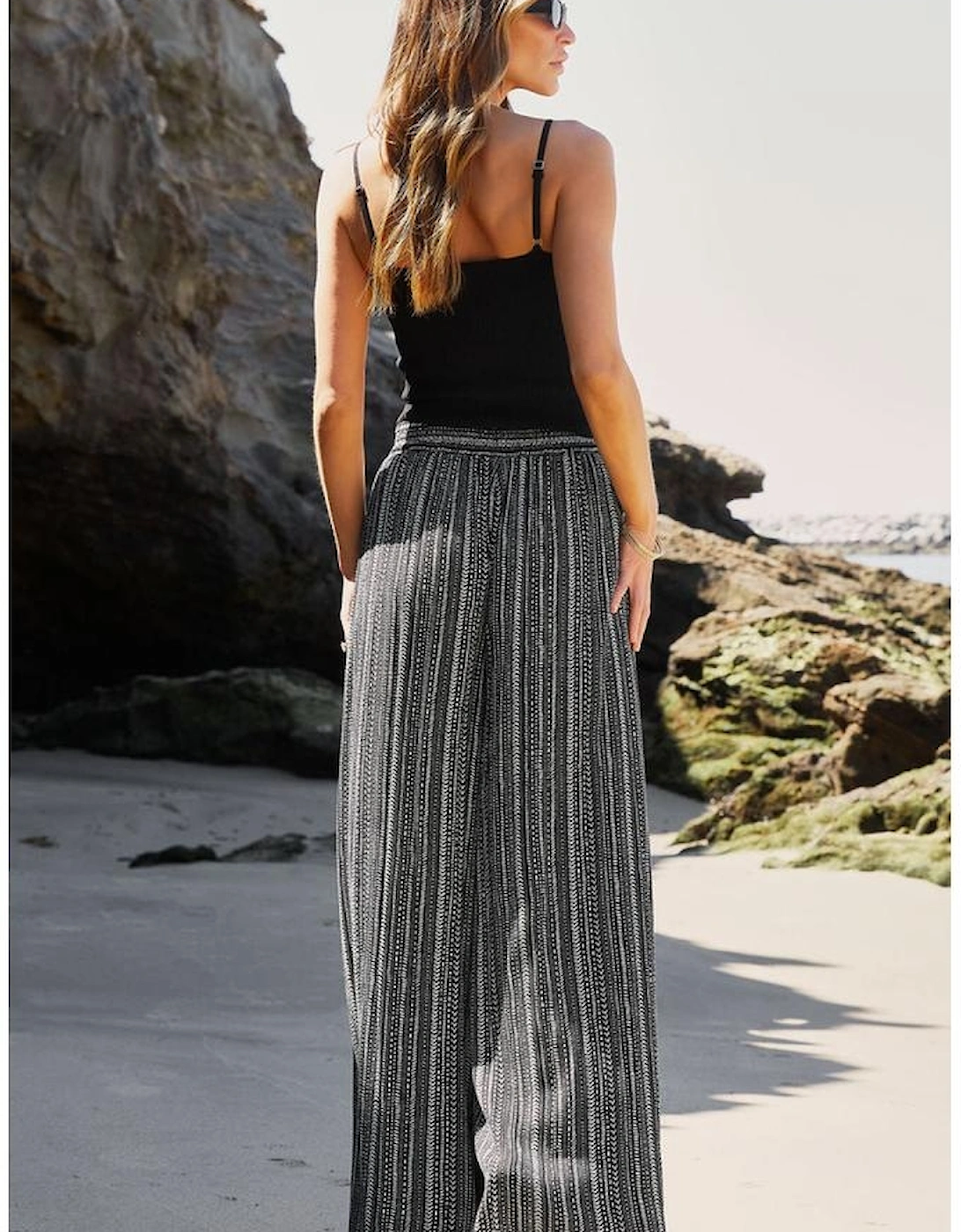Black Printed Striped Printed Slit Wide Leg High Waist Pants