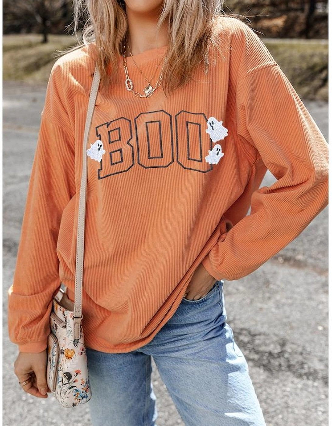 Orange Embroidered BOO Ghost Corded Halloween Sweatshirt, 8 of 7