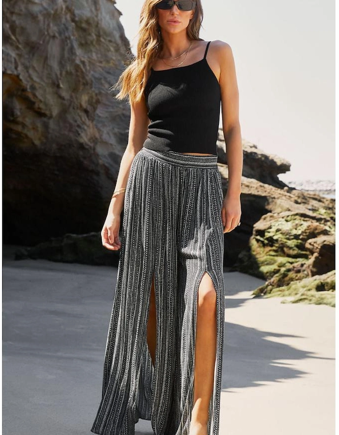 Black Printed Striped Printed Slit Wide Leg High Waist Pants