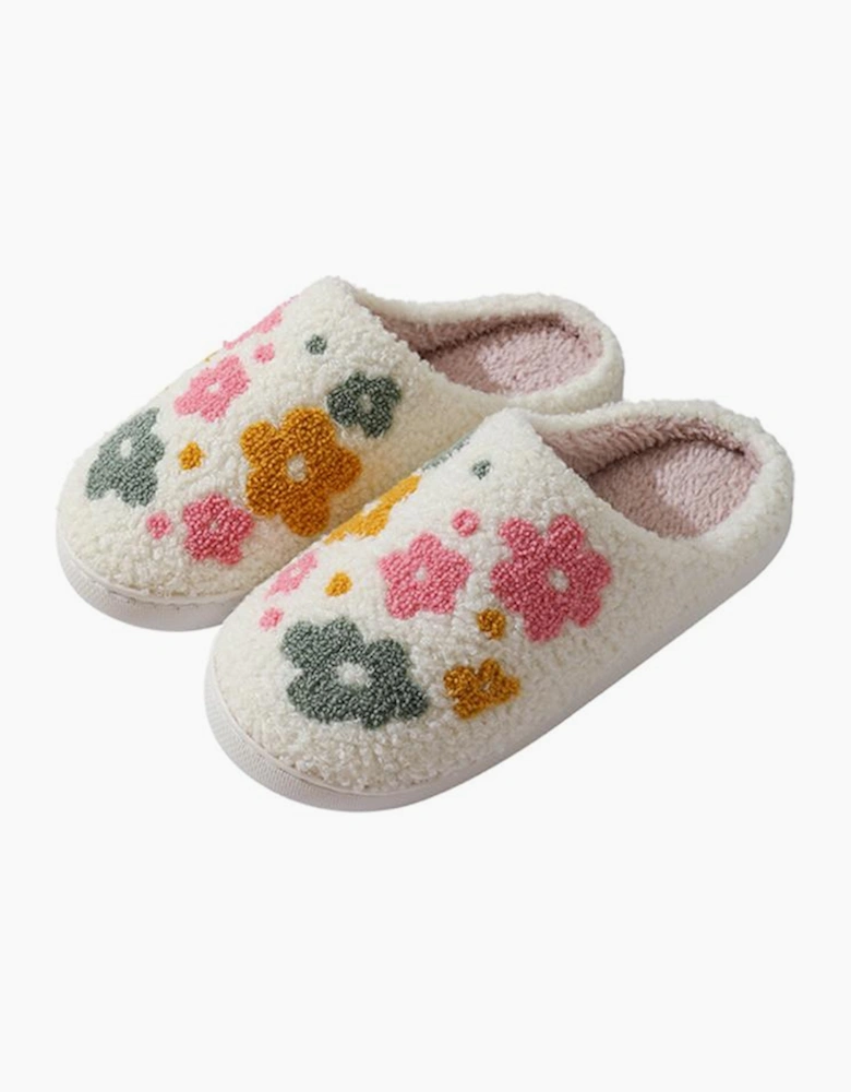 Azura Exchange White Flower Pattern Slip On Plush Home Slippers