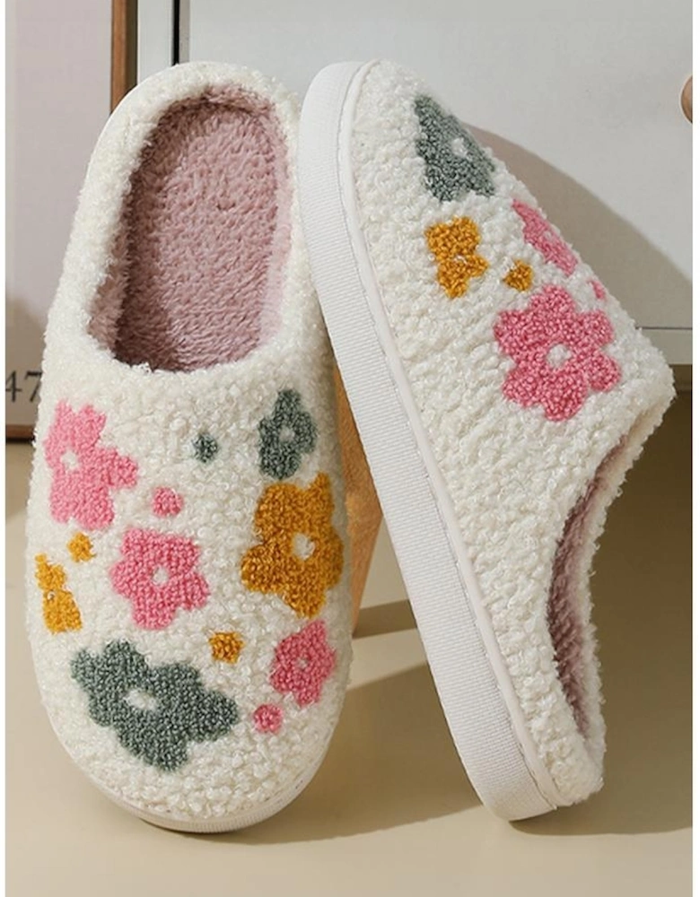 Azura Exchange White Flower Pattern Slip On Plush Home Slippers