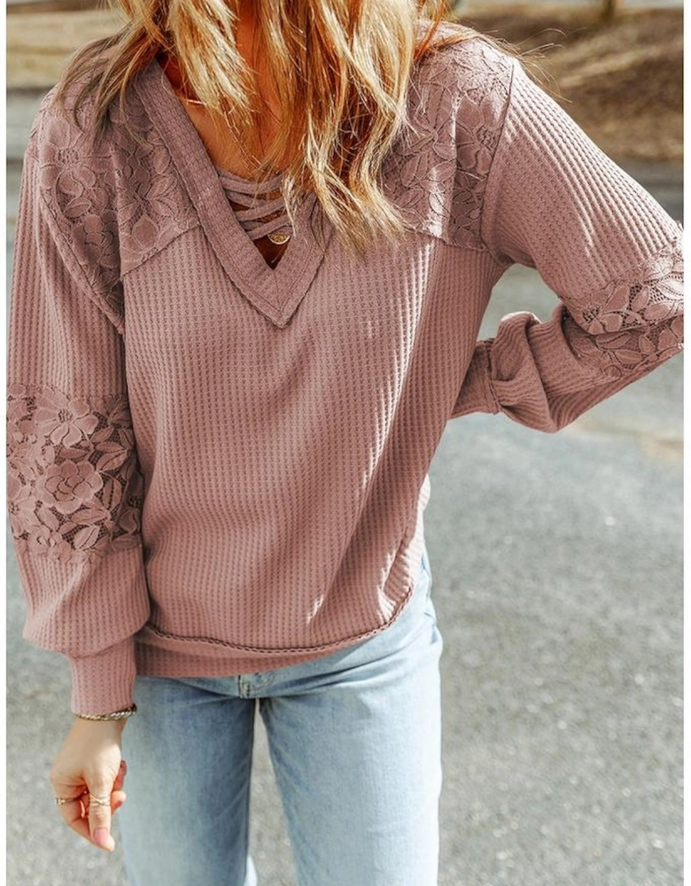 Pink Lace Waffle Patchwork Strappy V Neck Long Sleeve Top