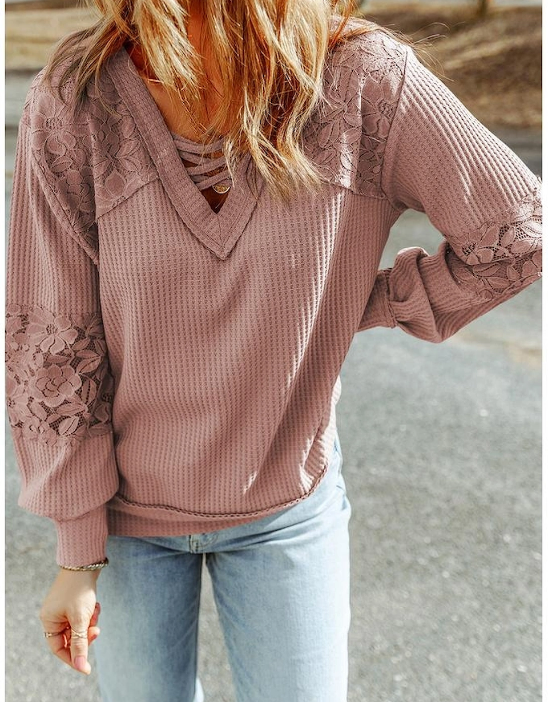 Pink Lace Waffle Patchwork Strappy V Neck Long Sleeve Top
