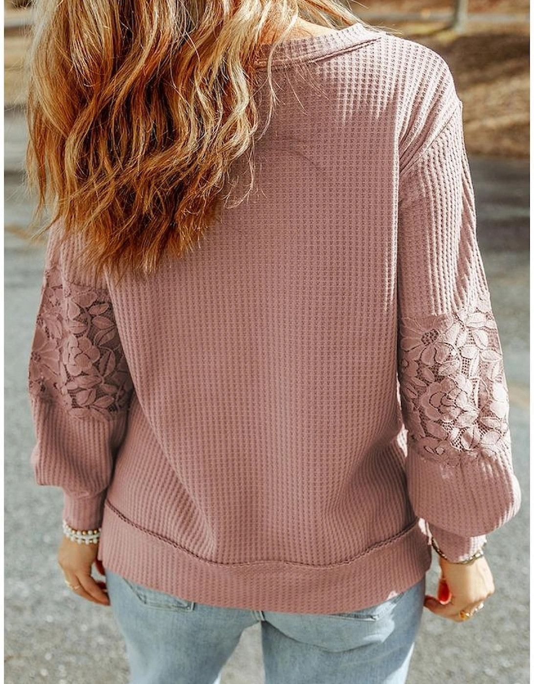 Pink Lace Waffle Patchwork Strappy V Neck Long Sleeve Top