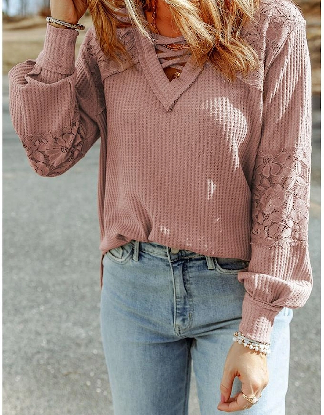 Pink Lace Waffle Patchwork Strappy V Neck Long Sleeve Top
