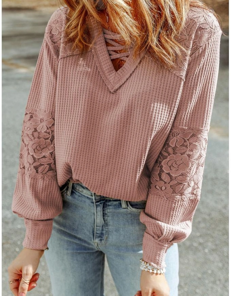 Pink Lace Waffle Patchwork Strappy V Neck Long Sleeve Top