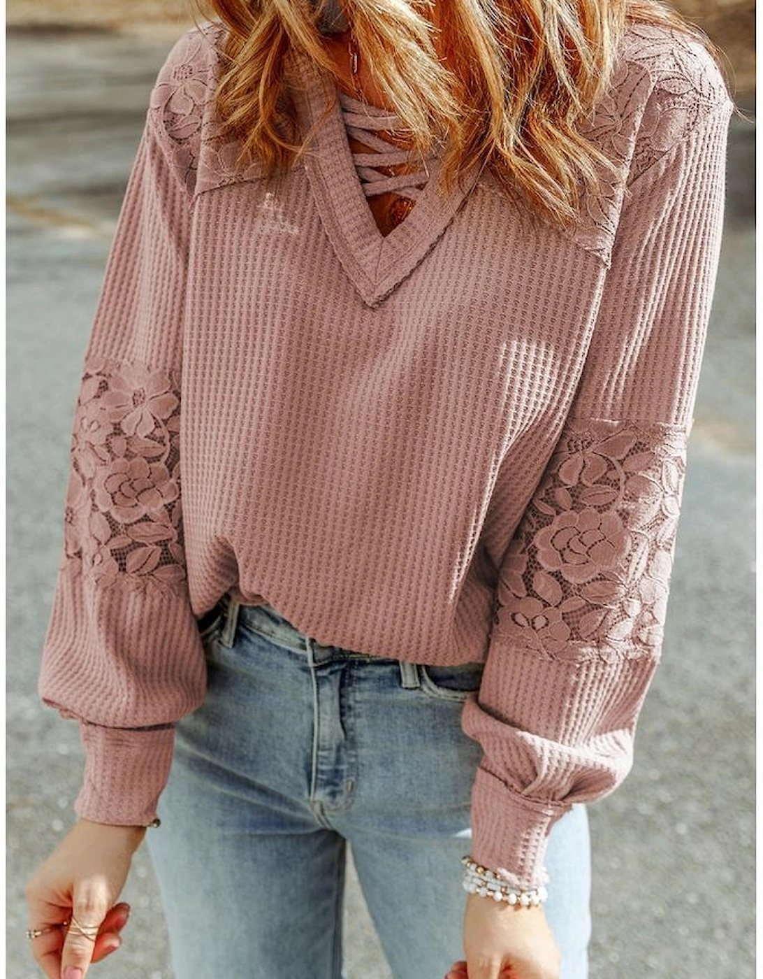 Pink Lace Waffle Patchwork Strappy V Neck Long Sleeve Top