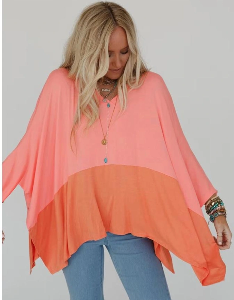 Grapefruit Orange Contrast Color Patchwork Oversized Side Split Top