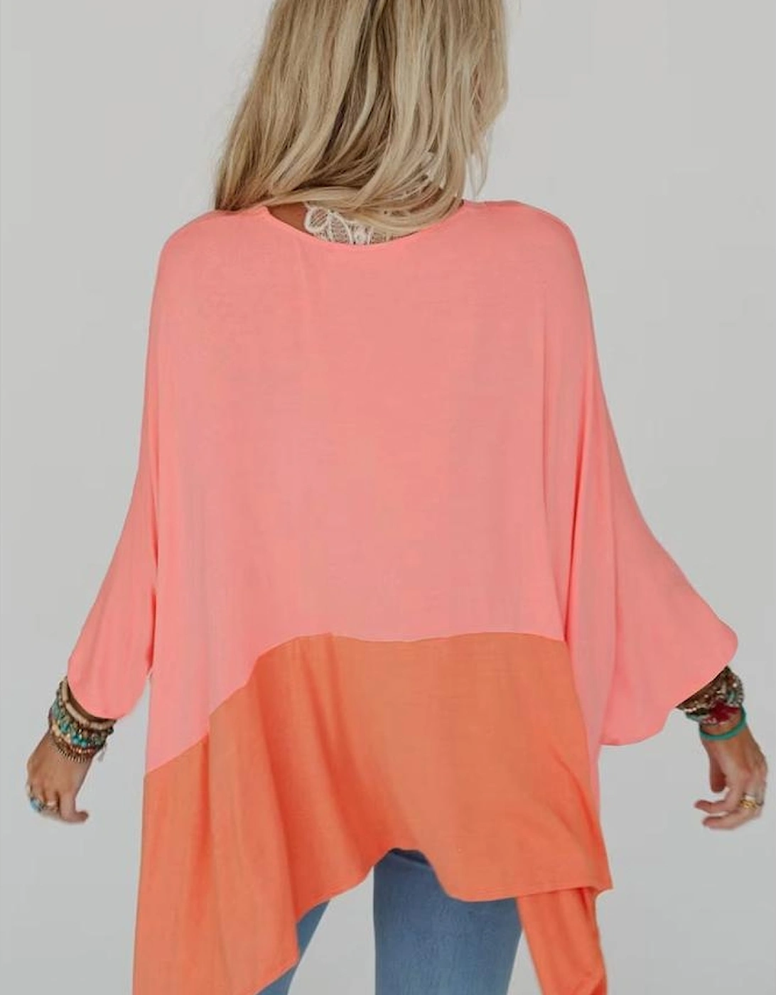 Grapefruit Orange Contrast Color Patchwork Oversized Side Split Top