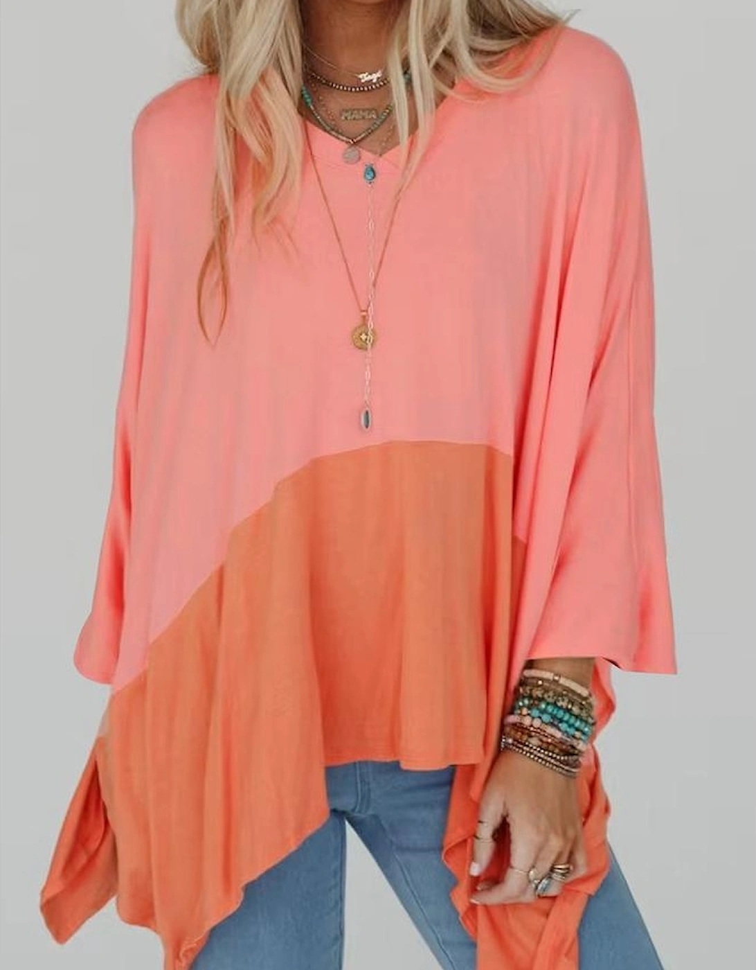 Grapefruit Orange Contrast Color Patchwork Oversized Side Split Top