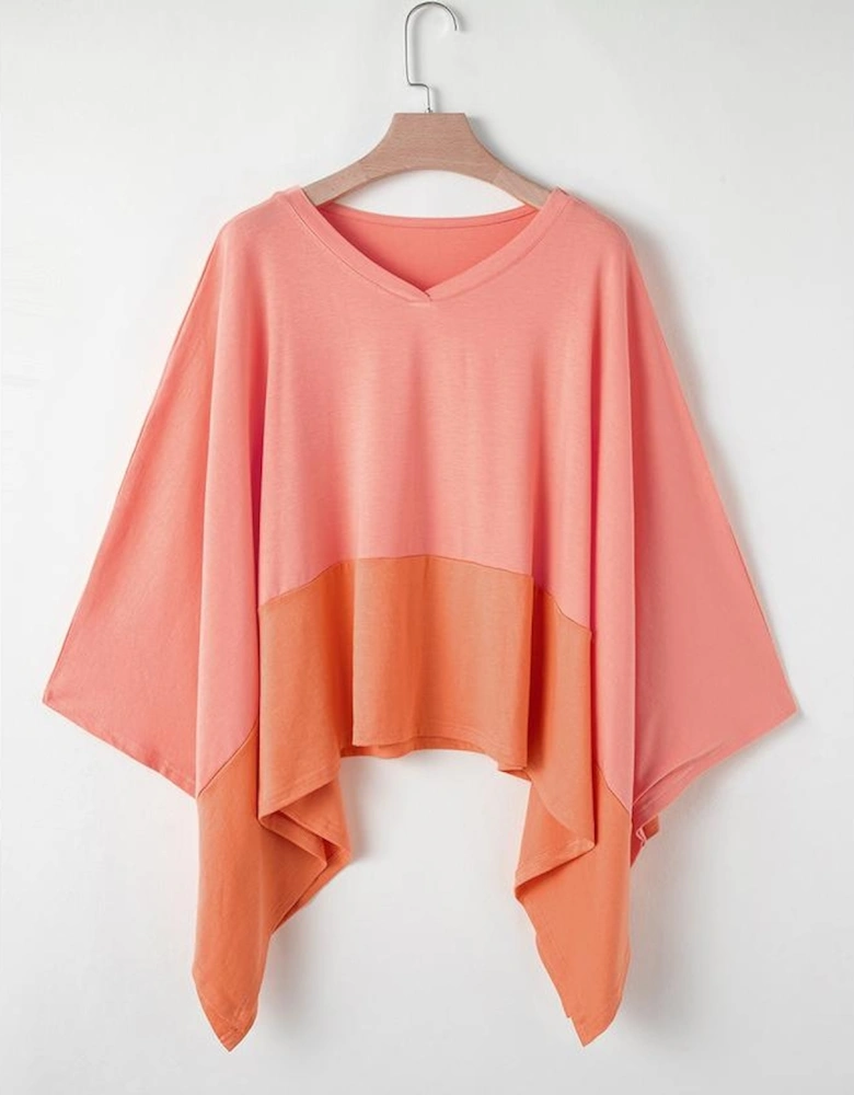 Grapefruit Orange Contrast Color Patchwork Oversized Side Split Top