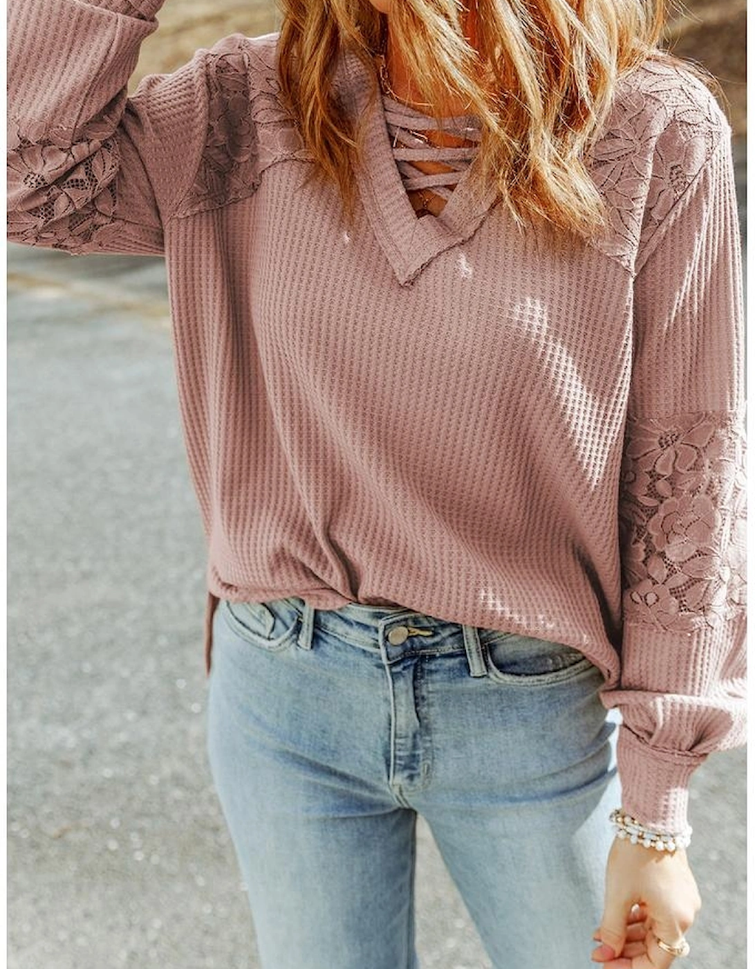 Pink Lace Waffle Patchwork Strappy V Neck Long Sleeve Top, 7 of 6