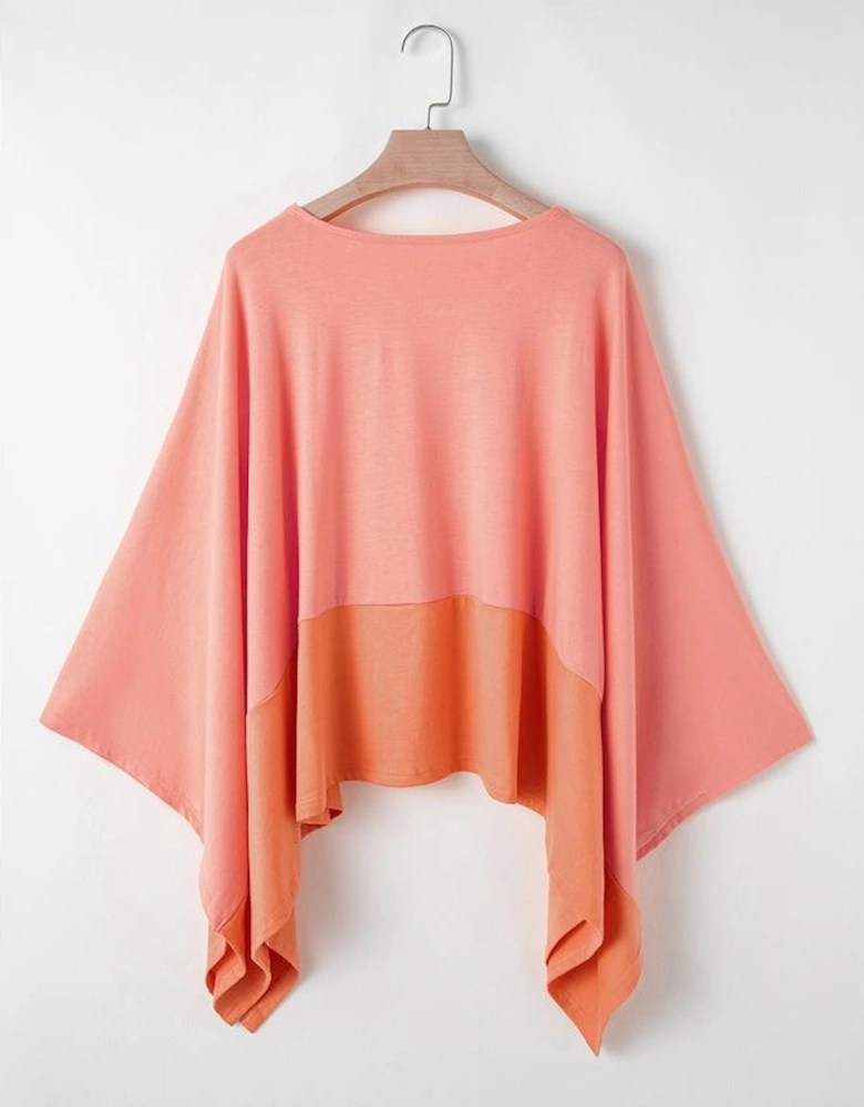 Grapefruit Orange Contrast Color Patchwork Oversized Side Split Top