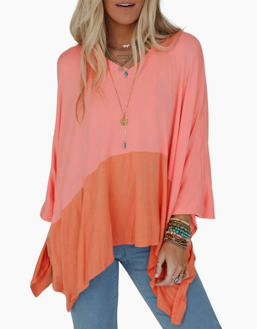 Grapefruit Orange Contrast Color Patchwork Oversized Side Split Top